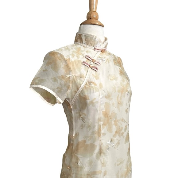 YUFEI Traditional Chinese Cheongsam Dress Pale Yellow Organza MIDI Embroidered M - Picture 4 of 15